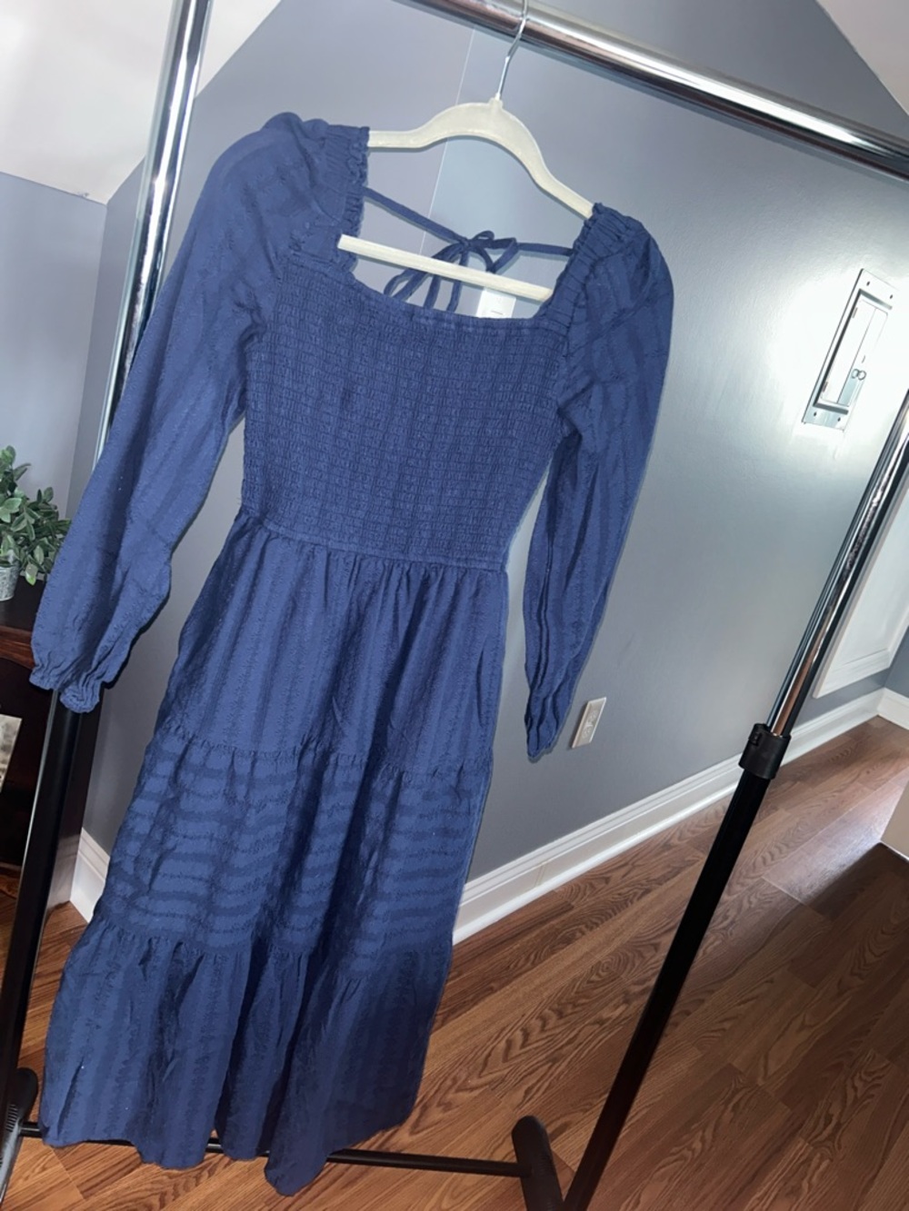 Navy Smocked Square-Neck Midi Dress- small